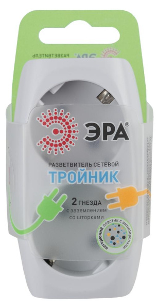 Разветвитель электрический ЭРА SP-2e-W на 2 розетки с заземлением со шторками 16А белый