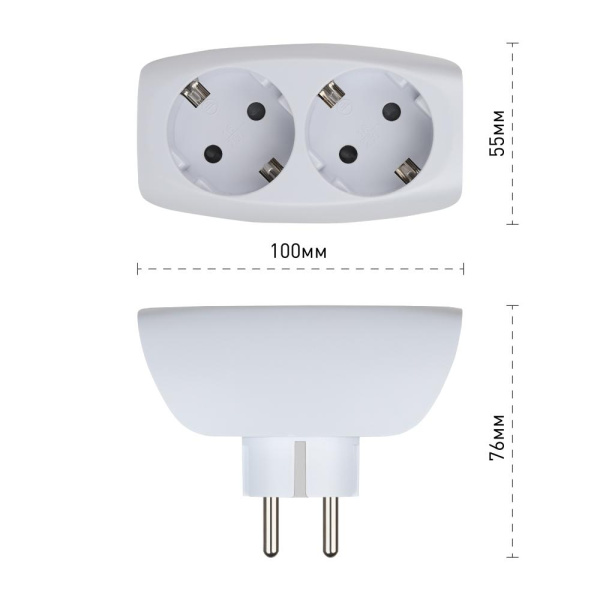 Разветвитель электрический ЭРА SP-2e-W на 2 розетки с заземлением со шторками 16А белый