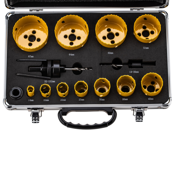 Набор коронок Bimetal (14, 20, 22, 25, 30, 35, 40, 51, 60, 64, 67), 16 предметов, металлический кейс KRANZ