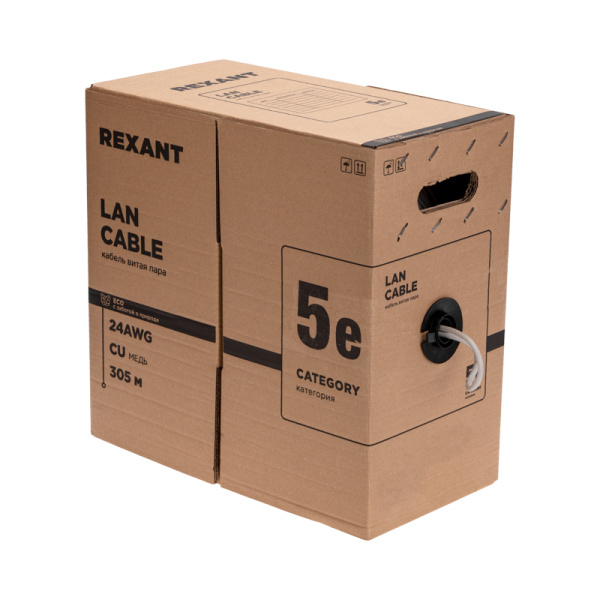 Кабель витая пара F/UTP, CAT 5e, PVC нг(А)-LS, 4х2х0,52мм, 4PR, 24AWG, INDOOR, SOLID, серый, 305м, РФ REXANT