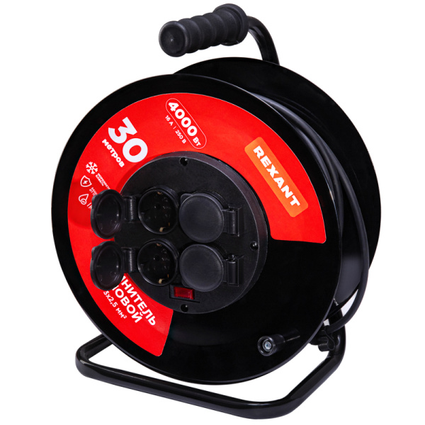 Удлинитель силовой КГ на катушке 4 гнезда, с/з, 30м, 3х2,5мм², IP44 с выключателем, c защитными крышками, металлическая катушка REXANT