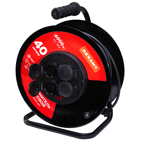 Удлинитель силовой КГ на катушке 4 гнезда, с/з, 40м, 3х2,5мм², IP44 с выключателем, c защитными крышками, металлическая катушка REXANT