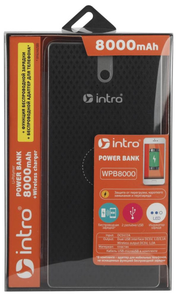 WPB8000 USB зарядки_25 Intro Wireless charger+Power bank 8000 mAh, black (19/1710)