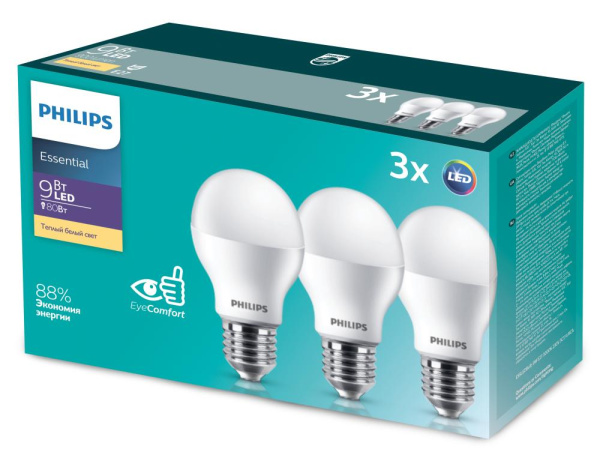 Лампочки светодиодные Philips ESS LEDBulb А55 9Вт 3000К Е27 / E27 груша матовая теплый белый свет набор 3 штуки