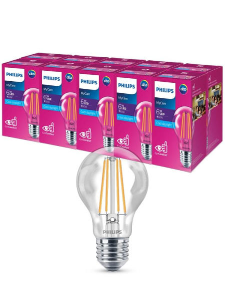 Лампочка светодиодная Philips LEDClassic A60 6Вт 6500К Е27 / E27 филаментная груша прозрачная холодный дневной свет