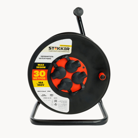 Удлинитель на катушке Stekker STD03-44-30 Standart 4-местный с/з ПВС 3*1,5, оранжевый, 16А, IP44, 30м (29407)