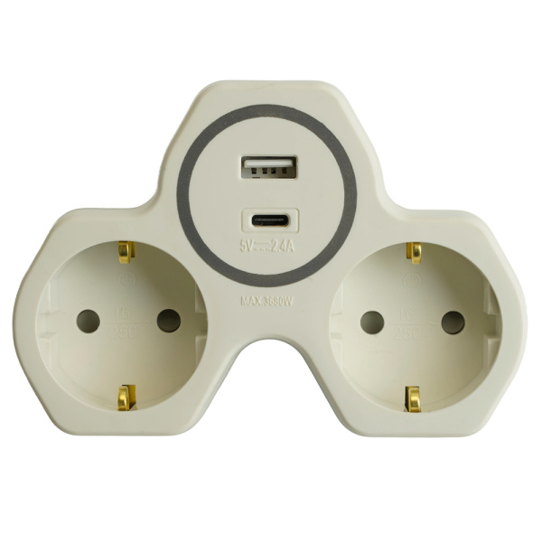 Разветвитель сетевой 2-местный с/з STEKKER ADP16-15-20, 250V, 16A и USB+Type C на 2.4А, белый/серый