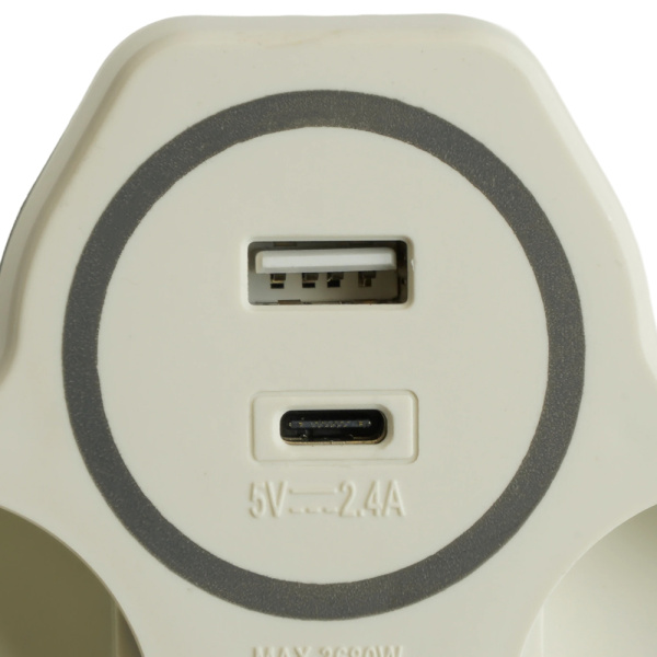 Разветвитель сетевой 2-местный с/з STEKKER ADP16-15-20, 250V, 16A и USB+Type C на 2.4А, белый/серый