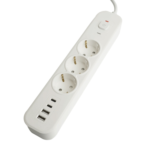 Сетевой фильтр 3-местный с/з STEKKER 3x1мм2, 1,8 м, 250В, 16А, 2 USB-A+2 Type-C, серия Nova, белый