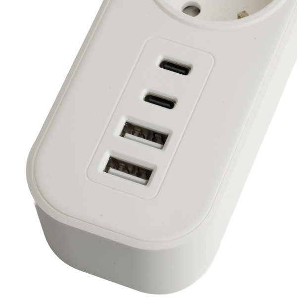 Сетевой фильтр 3-местный с/з STEKKER 3x1мм2, 5 м, 250В, 16А, 2 USB-A+2 Type-C 3, серия Nova, белый