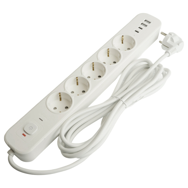 Сетевой фильтр 5-местный с/з STEKKER 3x1мм2, 5 м, 250В, 16А, 2 USB-A+2 Type-C 3, серия Nova, белый