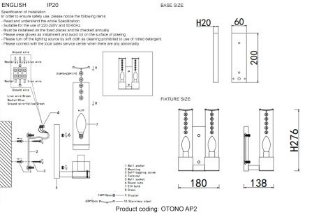 Бра Crystal Lux OTONO AP2 BLACK CHROMIUM/TRANSPARENTE