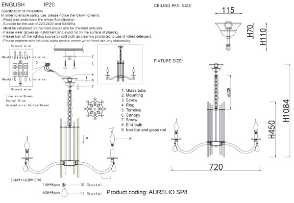 Люстра Crystal Lux AURELIO SP8 GOLD+CHROME/TRANSPARENT
