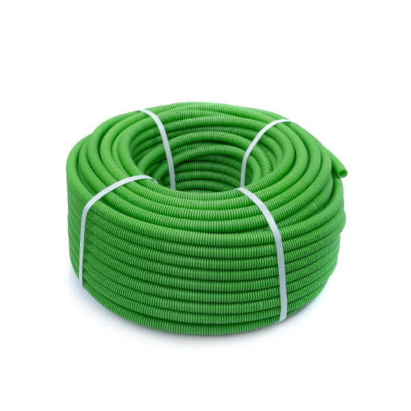 Труба гофрированная ПВХ лёгкая 350 Н зелёная с/з d20 мм (100м/4800м уп/пал) Промрукав