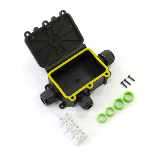 Распределительная коробка с откидной крышкой 4-вводная IP68 ПА66 40А 450В d3,5-12 мм 131х95х37 Промрукав