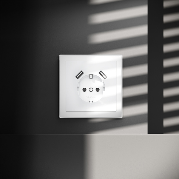 Розетка встраиваемая VOLTUM S70 с заземлением и защитными шторками, 16А, с USB, A+A, (белый глянцевы