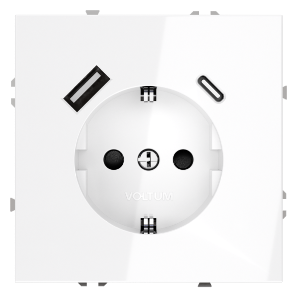 Розетка встраиваемая VOLTUM S70 с заземлением и защитными шторками, 16А, с USB, A+С, (белый глянцевы