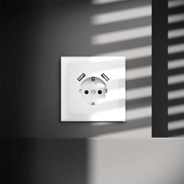 Розетка встраиваемая VOLTUM S70 с заземлением и защитными шторками, 16А, с USB, A+A, (белый матовый)