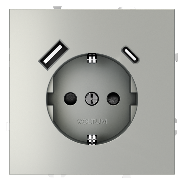 Розетка встраиваемая VOLTUM S70 с заземлением и защитными шторками, 16А, с USB, A+С, (сталь)