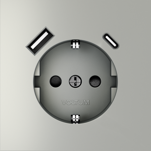 Розетка встраиваемая VOLTUM S70 с заземлением и защитными шторками, 16А, с USB, A+С, (сталь)