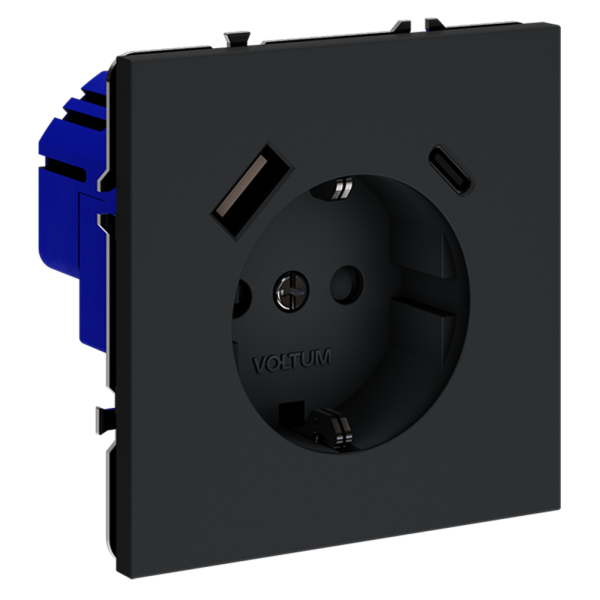 Розетка встраиваемая VOLTUM S70 с заземлением и защитными шторками, 16А, с USB, A+С, (графит)