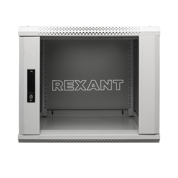 Настенный шкаф 19" 9U 600×600×501 (ШxГxВ), дверь стекло, металлическая задняя стенка, боковые съемные стенки, RAL 7035 REXANT