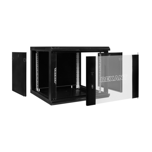 Настенный шкаф 19" 9U 600×600×501 (ШxГxВ), дверь стекло, металлическая задняя стенка, боковые съемные стенки, RAL 9005 REXANT