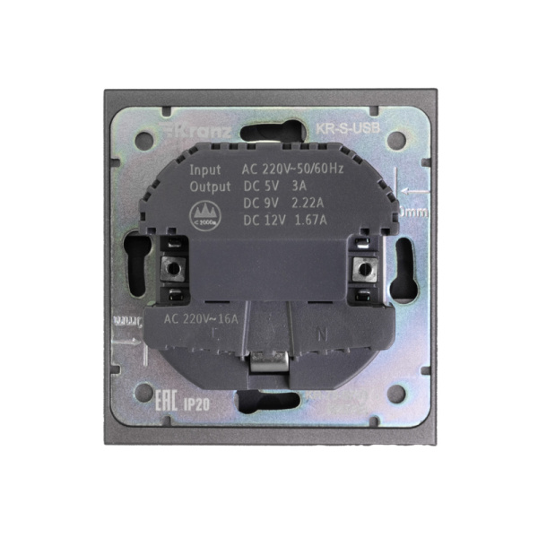 Розетка STRONG 1-ая с/з с/у з/ш 16А с USB A+C быстрой зарядки 5В/3А графит KRANZ