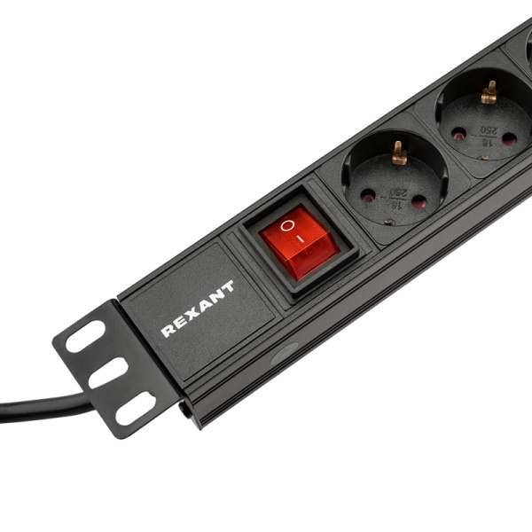 Блок распределения питания для 19" шкафов, горизонтальный, 8 розеток СЕЕ 7/4, 10A, выкл, алюм корп, шнур 2м, вилка C14 REXANT