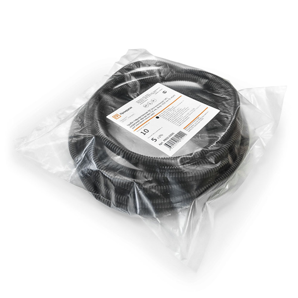 Труба гофрированная ПП легкая безгалогенная (HF) разрезная черная dвн 7,0 мм, dнар 10,0 мм (5м/уп) Промрукав