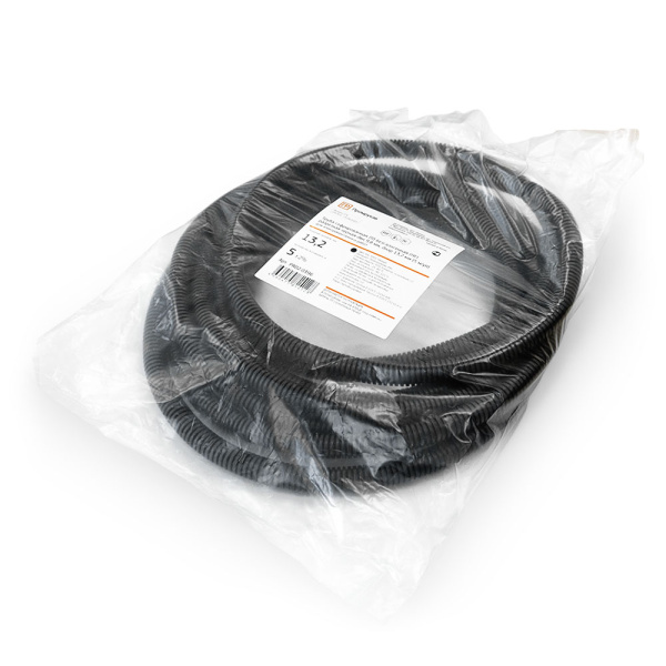 Труба гофрированная ПП легкая безгалогенная (HF) разрезная черная dвн 9,8 мм, dнар 13,2 мм (5м/уп) Промрукав