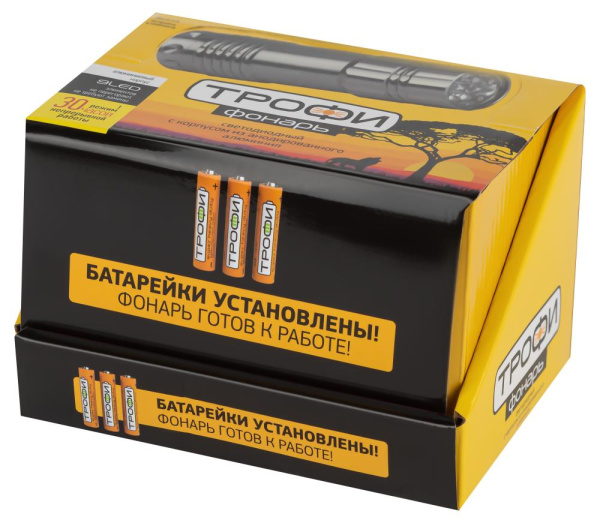 Светодиодный фонарь Трофи TM9-box12 ручной на батарейках промо-бокс 12шт алюминиевый