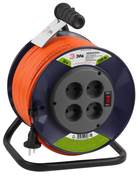 Удлинитель силовой ЭРА RPx-4s-2x1.5-50m на пластиковой катушке без заземления 4 розетки 50м ПВС 2х1.5мм2