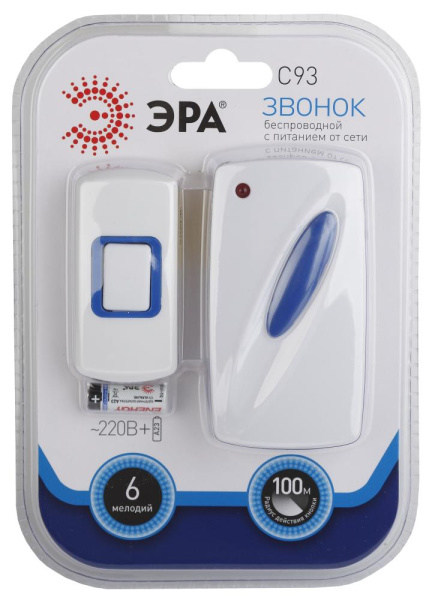 Звонок дверной ЭРА C93 беспроводной от сети белый с синим 6 мелодий