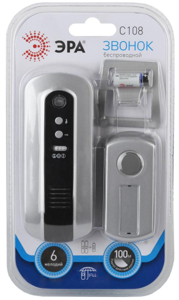 Звонок дверной ЭРА C108 беспроводной серебристо-чёрный 6 мелодий