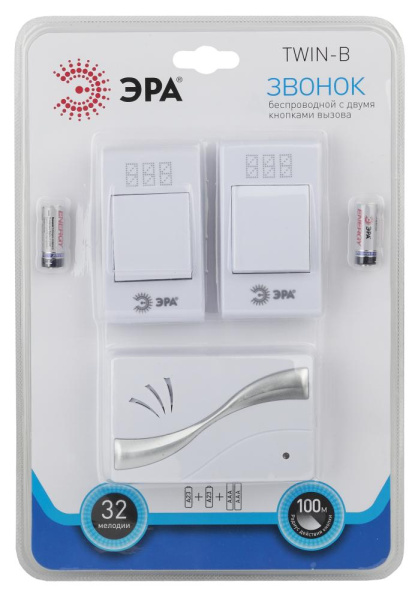 Звонок дверной ЭРА TWIN-B беспроводной две кнопки белый 32 мелодии