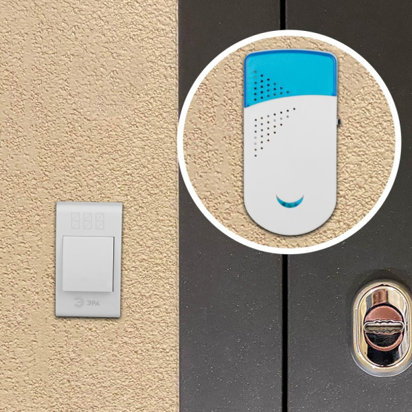 Звонок дверной ЭРА TWIN-R беспроводной два динамика белый с голубым 32 мелодии