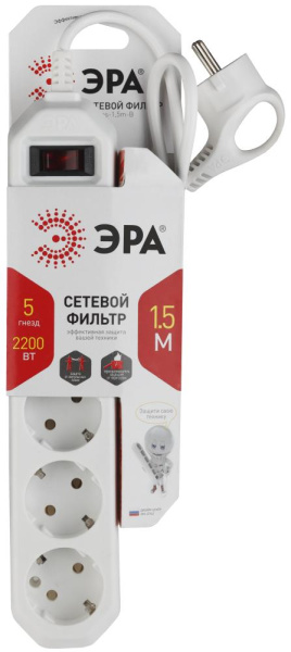 Сетевой фильтр ЭРА  USF-5es-1.5m-W с базовой защитой с заземлением с выключателем 5 розеток 1,5м 10А белый