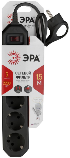 Сетевой фильтр ЭРА  USF-5es-1.5m-B с базовой защитой с заземлением с выключателем 5 розеток 1,5м 10А черный
