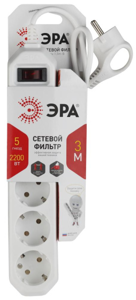 Сетевой фильтр ЭРА  USF-5es-3m-W с базовой защитой с заземлением с выключателем 5 розеток 3м 10А белый