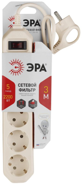 Сетевой фильтр ЭРА  USF-5es-3m-I с базовой защитой с заземлением с выключателем 5 розеток 3м 10А слоновая кость