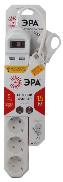 Сетевой фильтр ЭРА  USF-5es-1.5m-USB-W с базовой защитой с заземлением с выключателем 5 розеток 1,5м 2хUSB 10А белый
