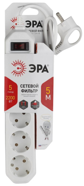 Сетевой фильтр ЭРА  USF-5es-5m-W с базовой защитой с заземлением с выключателем 5 розеток 5м 10А белый