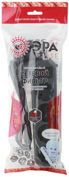 Сетевой фильтр ЭРА  USF-M-4es-1,5m-B с защитой (термо) с заземлением с выключателем 4 розетки 1,5м 10А черный