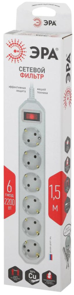 Сетевой фильтр ЭРА  USF-6es-1,5m-W с базовой защитой с заземлением с выключателем 6 розеток 1,5м 10А белый