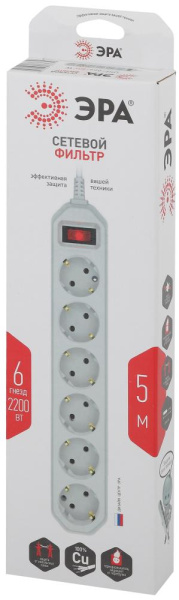 Сетевой фильтр ЭРА  USF-6es-5m-W с базовой защитой с заземлением с выключателем 6 розеток 5м 10А белый