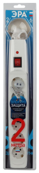 Сетевой фильтр ЭРА  SFX-6es-2m-W с надежной защитой с заземлением с выключателем 6 розеток 2м 10А белый