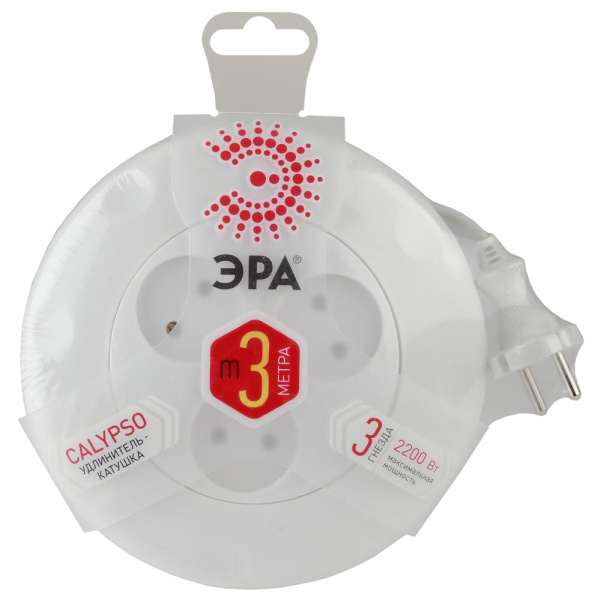 Удлинитель электрический ЭРА UR-3-3m-W рулетка без заземления 3 розетки 3м 2x1мм2 10А белая