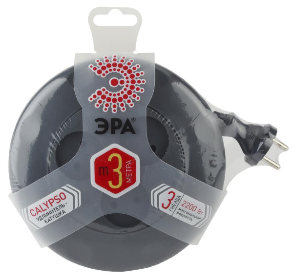 Удлинитель электрический ЭРА UR-3-3m-B рулетка без заземления 3 розетки 3м 2x1мм2 10А черная