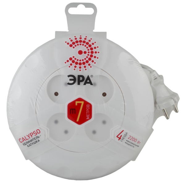 Удлинитель электрический ЭРА UR-4-7m-W рулетка без заземления 4 розетки 7м 2x1мм2 10А белая